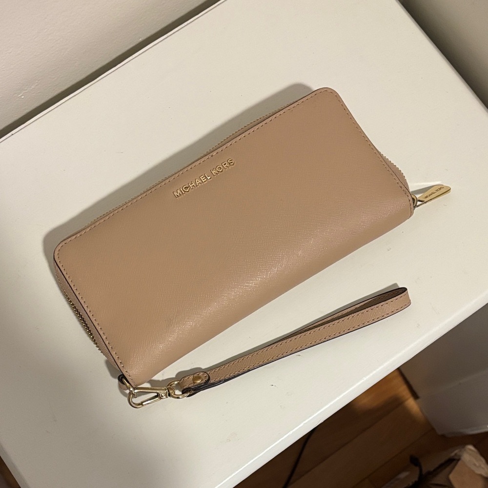 Michael Kors Nude Zip-Around Wristlet Wallet with Gold Hardware